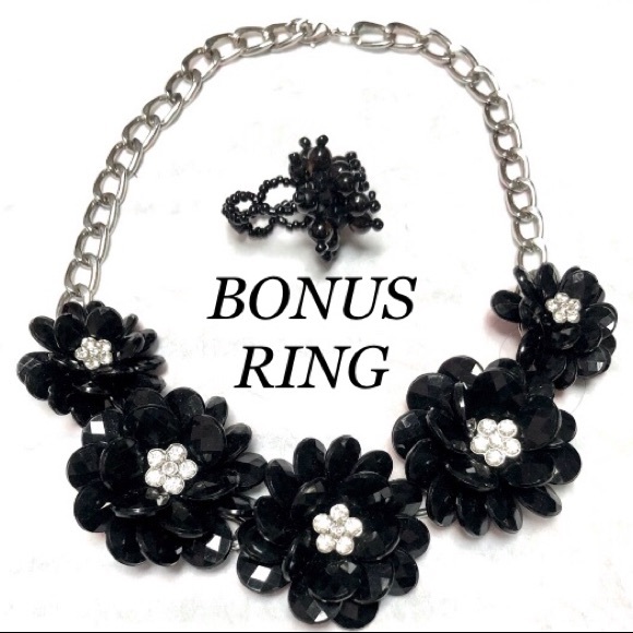 NECKLACE BLACK FLORAL crystal w/rhinestone center & matching handmade ring  NWOT - Picture 2 of 8